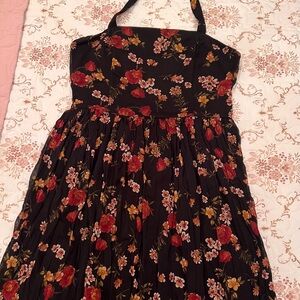 Xhilaration Black Floral Halter Dress with Red & Yellow Blooms